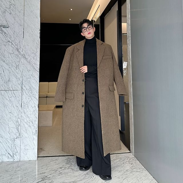 Patow-Button-Up Plaid Long Coat