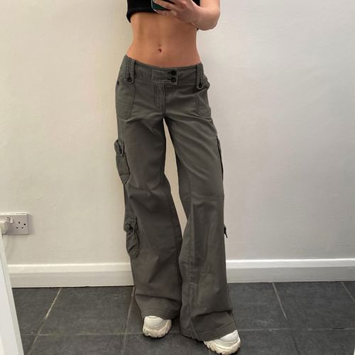 Women Autumn Cargo Pants, Solid Color Low-Waist Loose Fit Casual Jeans with  Multi-Pockets - Walmart.com