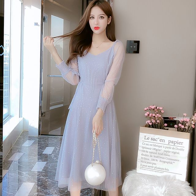 BEAUSY - Long-Sleeve V-Neck Mesh Dress | YesStyle