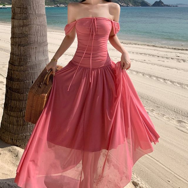 Pensacola Off Shoulder Mesh Overlay Maxi A-Line Dress YesStyle