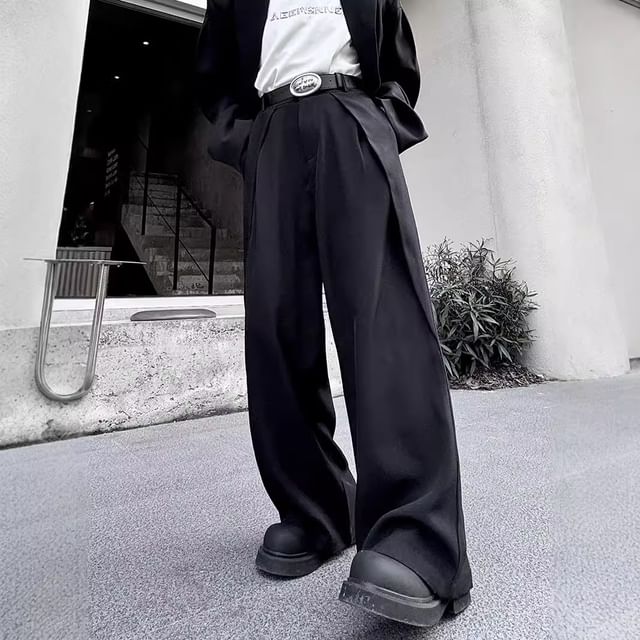 Omozando-High Waist Plain Wide Leg Pants