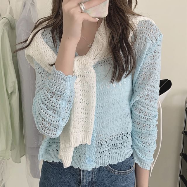 Sisyphi-V-Neck Plain Pointelle Cardigan