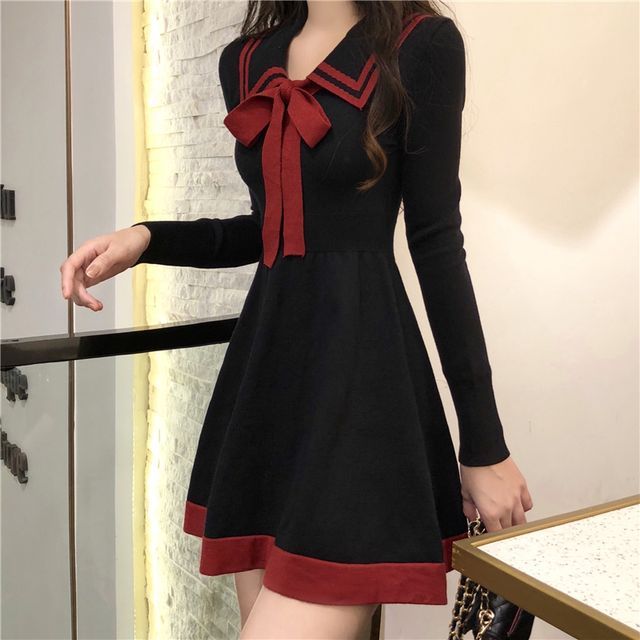 Onjo - Sailor Collar A-Line Mini Knit Dress | YesStyle