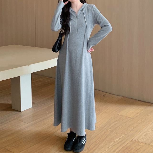 matteira - Maternity Long Sleeve Plain Hood Half Zip Maxi A-Line Dress |  YesStyle