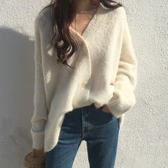 JIUHOJI - Plain V-Neck Cardigan / Lace Open Front Jacket JIUHOJI - Plain V-Neck Cardigan / Lace Open Front Jacket