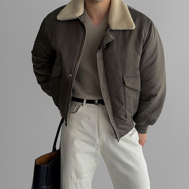 Okwano-Plain Fluffy Trim Zip Puffer Jacket