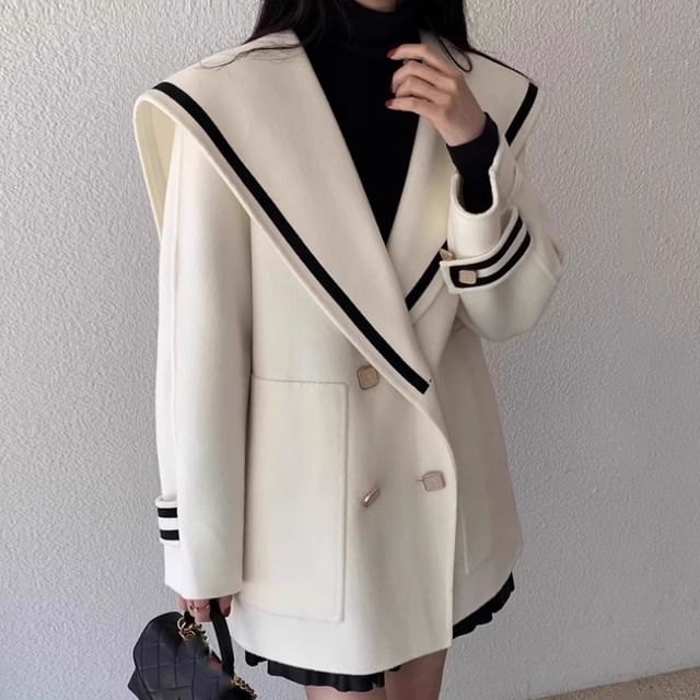 Janerium - Sailor Collar Contrast Trim Double-Breasted Coat | YesStyle