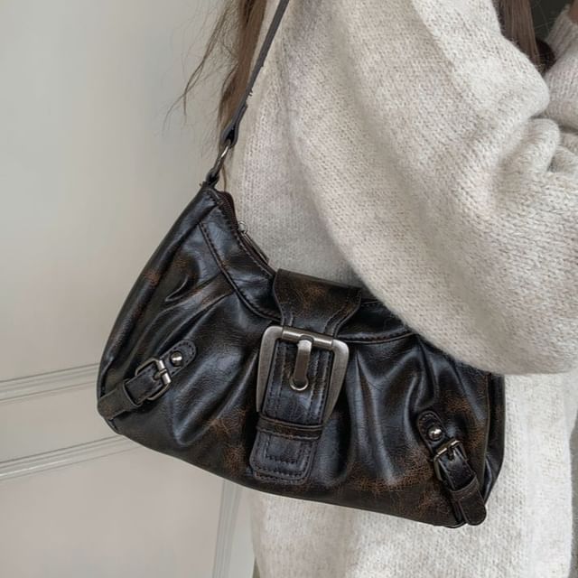 Indenis-Buckled Faux Leather Shoulder Bag