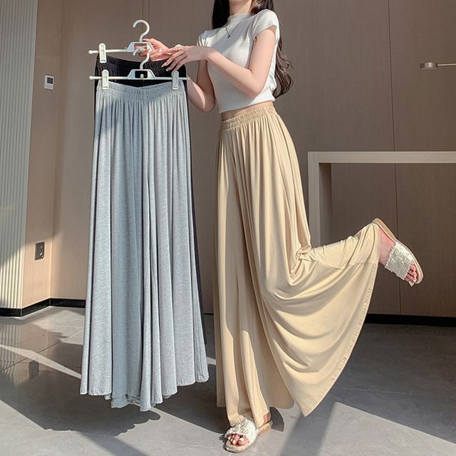 Everose-Elastic Waist Plain Wide Leg Pants