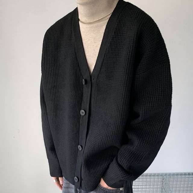 ravewider-V-Neck Plain Button-Up Cardigan