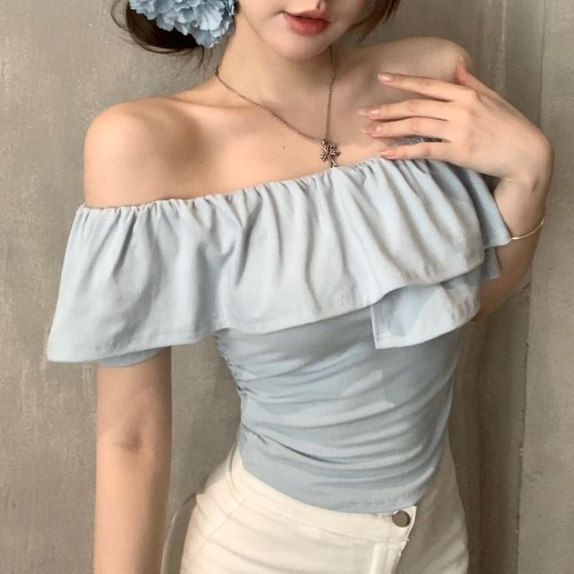 Yako-Short-Sleeve off Shoulder Plain Ruffle Top