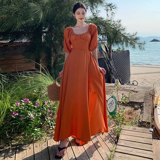 Moanum-Puff-Sleeve Plain Open Back Side-Slit Maxi Sundress