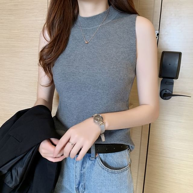 PINPI-Sleeveless Mock Neck Plain Knit Top