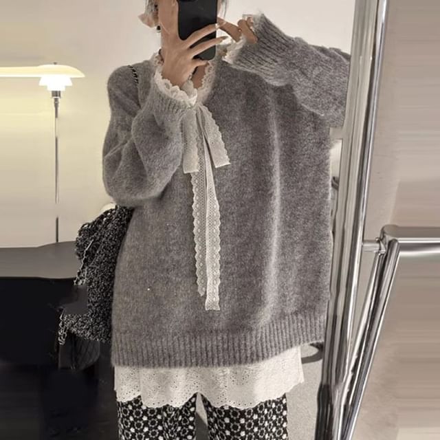 Hevnir-V-Neck Mock Two Piece Panel Lace Sweater