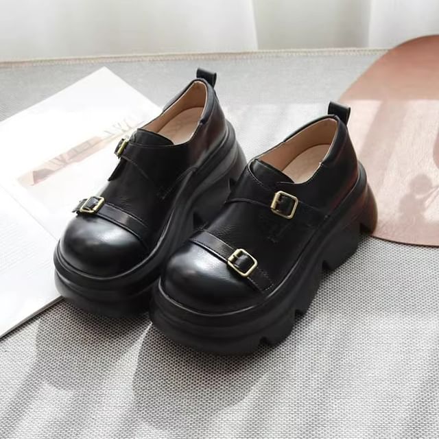 Freesia-Faux Leather Buckled Platform Loafers