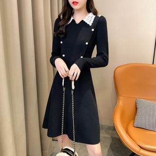 EFO Long Sleeve Collar Plain Lace Trim Knit A Line Dress