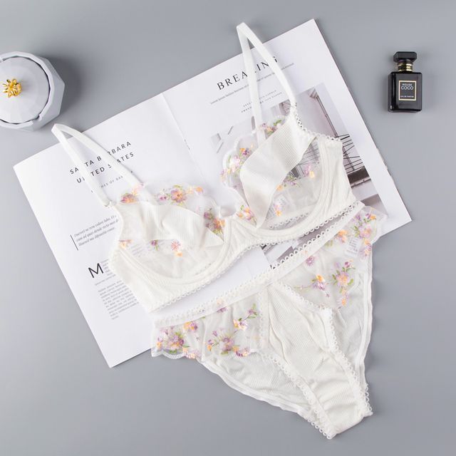 Ohnana - Floral Print Lace Bra / Panty / Set