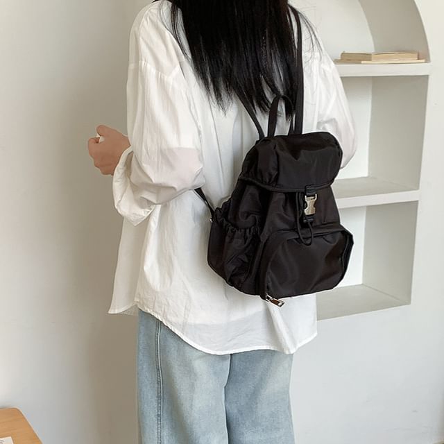 FAYLE-Plain Flap Drawstring Nylon Backpack