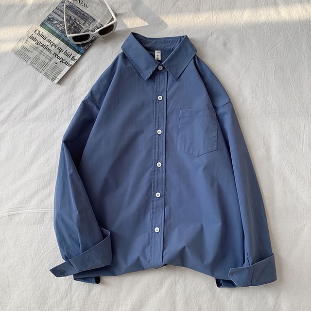 YIKES-Long Sleeve Collared Plain Shirt