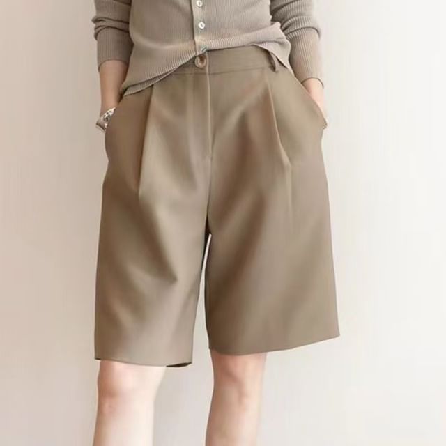 INEN-High Waist Plain Dress Shorts