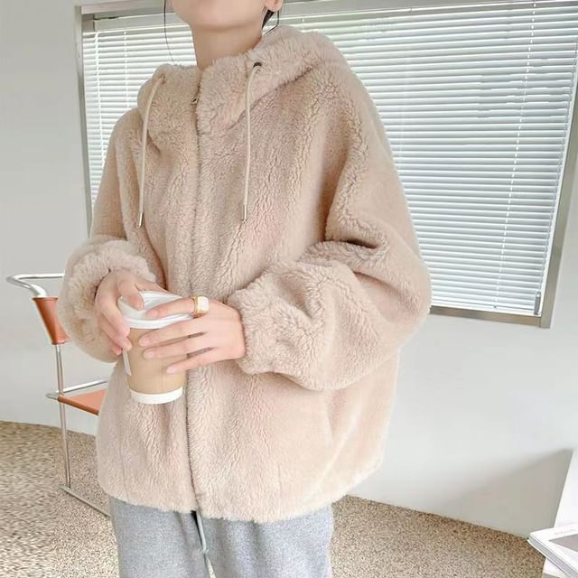 Everose-Plain Hooded Fleece Zip-Up Jacket