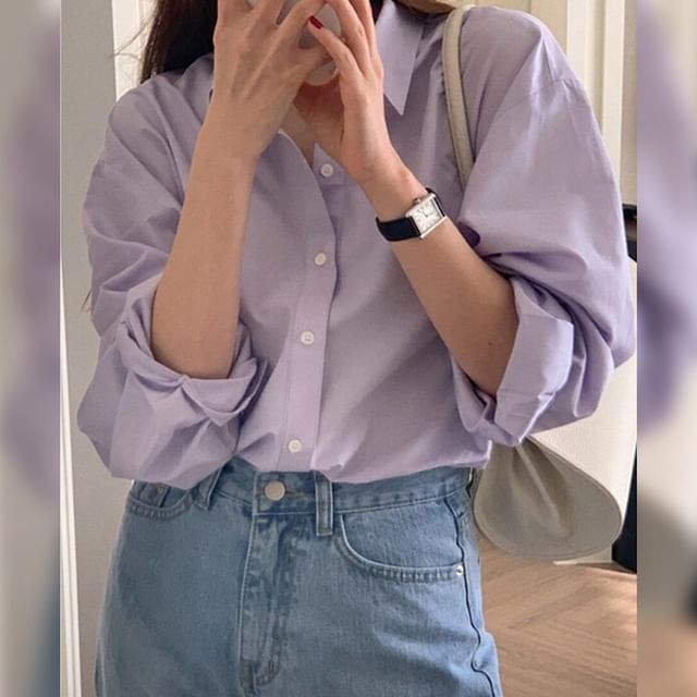 Sienne-Long Sleeve Collared Plain Shirt