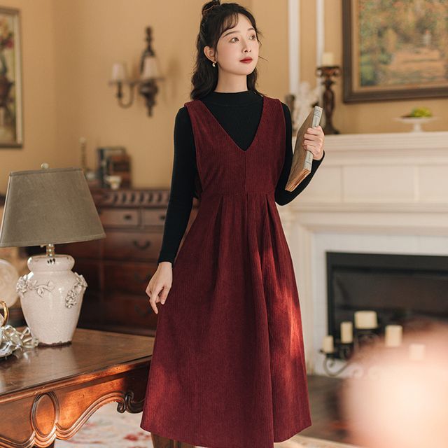 knee length dresses for ladies Reid Corduroy Overall Dress in Black – Groovy Mimi main image 1