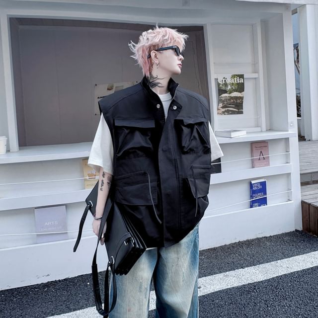 ravewider-Stand Collar Zip-Up Plain Cargo Vest