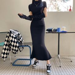 DEEPNY - Set: Short-Sleeve Knit Top with Arm Warmer + Maxi Mermaid Skirt