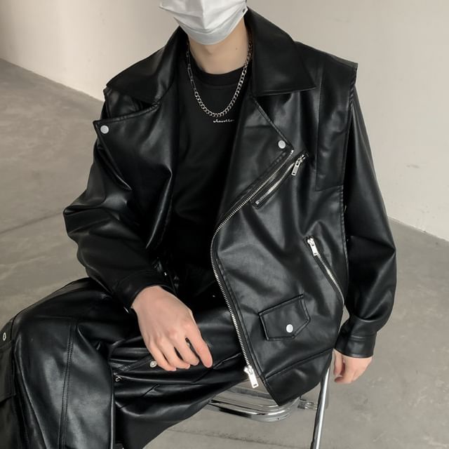 Kimeya-Plain Faux Leather Zip Biker Jacket