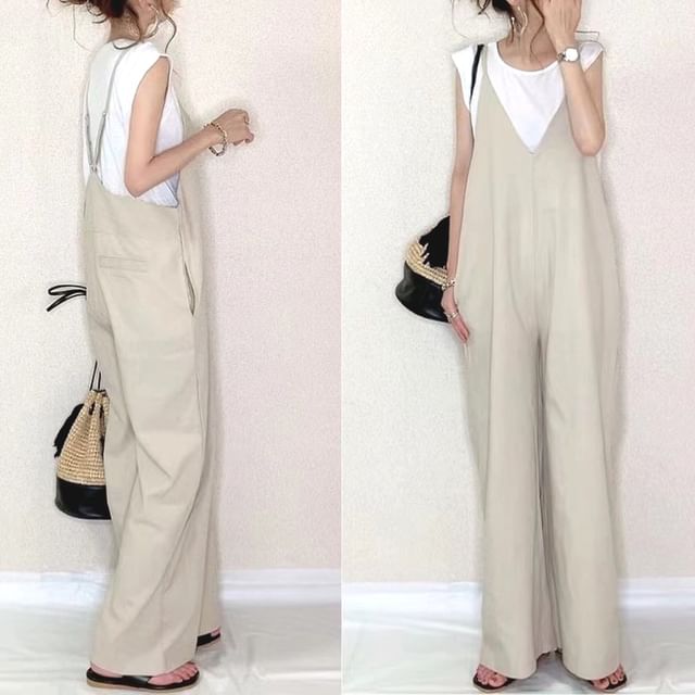 MIKIGA-Spaghetti Strap V-Neck Plain Wide Leg Jumper Pants