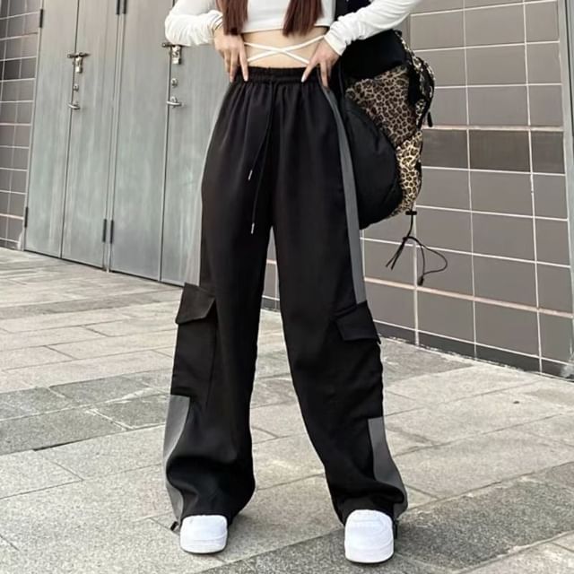 Sisyphi-Drawstring Waist Two Tone Baggy Pants