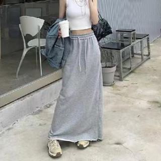 Everose-Drawstring Waist Plain Frayed Maxi Straight Skirt