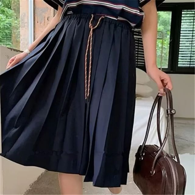 Asiris-Drawstring Waist Plain Pleated A-Line Skirt