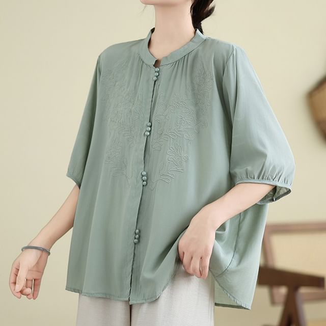 Supernova-Puff-Sleeve Floral Embroidered Button-Up Blouse