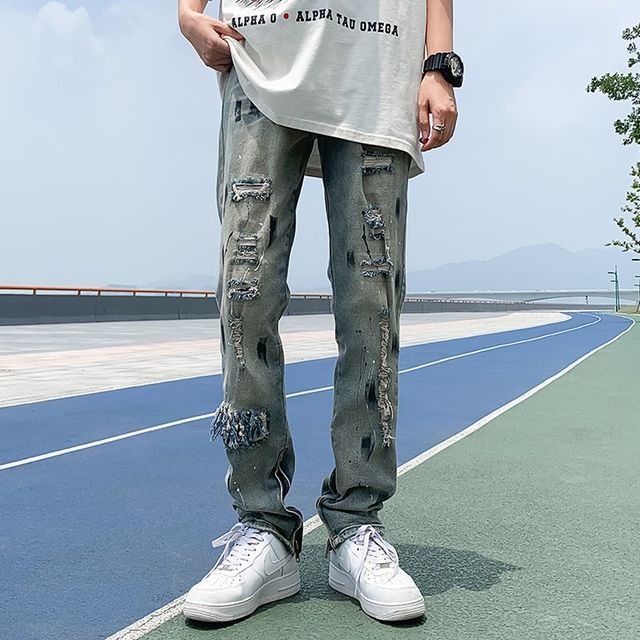 Oakjam-Distressed Slim Fit Jeans