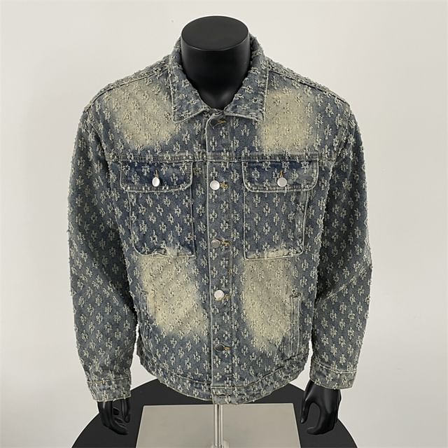 Plummie-Collared Washed Distressed Denim Button Jacket