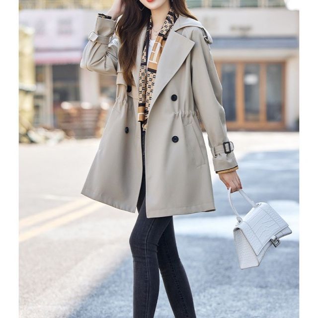 Lewwe-Long-Sleeve Plain Double-Breasted Trench Jacket