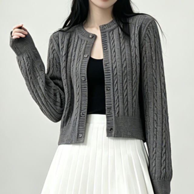 Strawolf-Round Neck Melange Cable Knit Cardigan