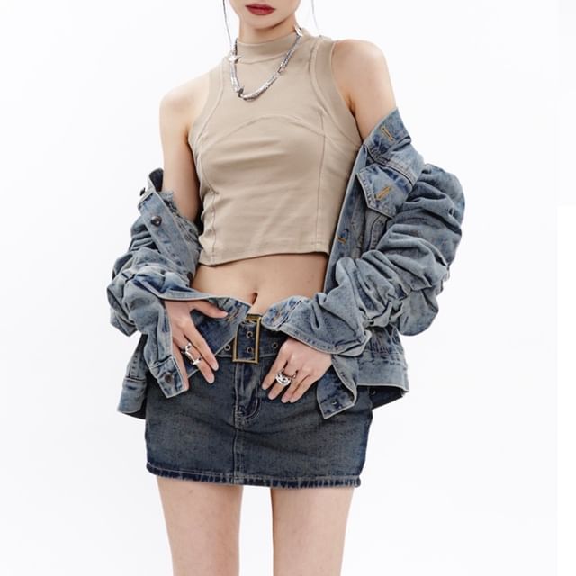 SPUCIKLEI-Collared Washed Ruched Button-Up Denim Jacket