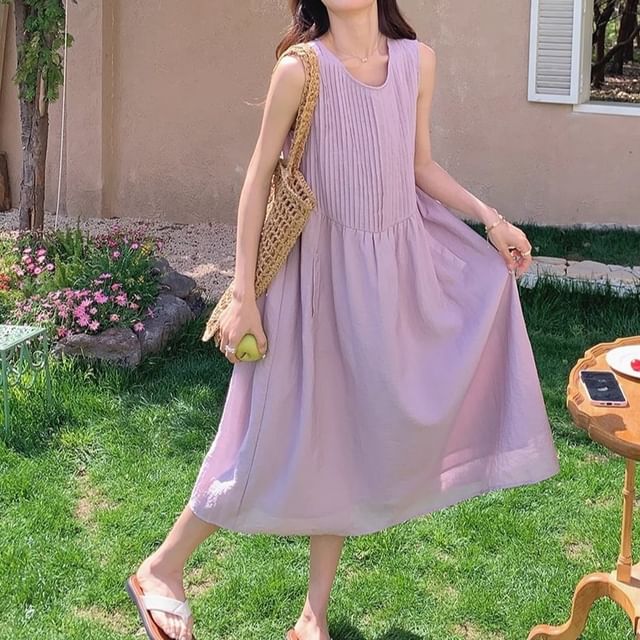 Cloud Nine-Sleeveless V-Neck Plain Midi A-Line Dress