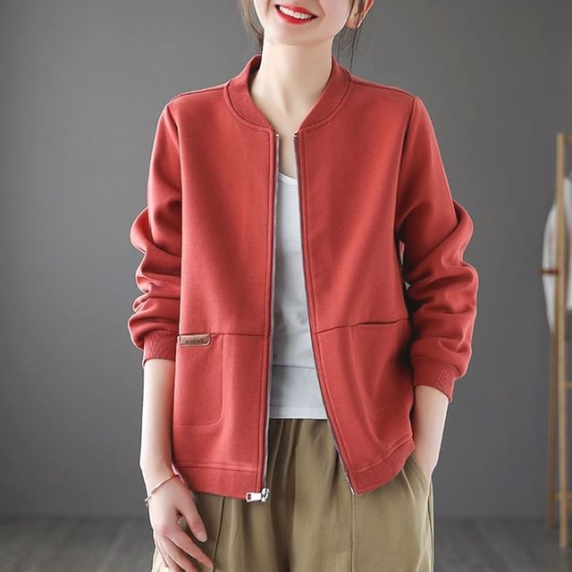 Lewwe-Plain Zip-Up Jacket