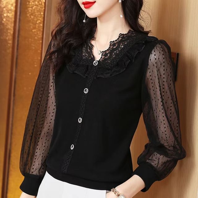 Everose-Long-Sleeve V-Neck Sheer Button-Up Top
