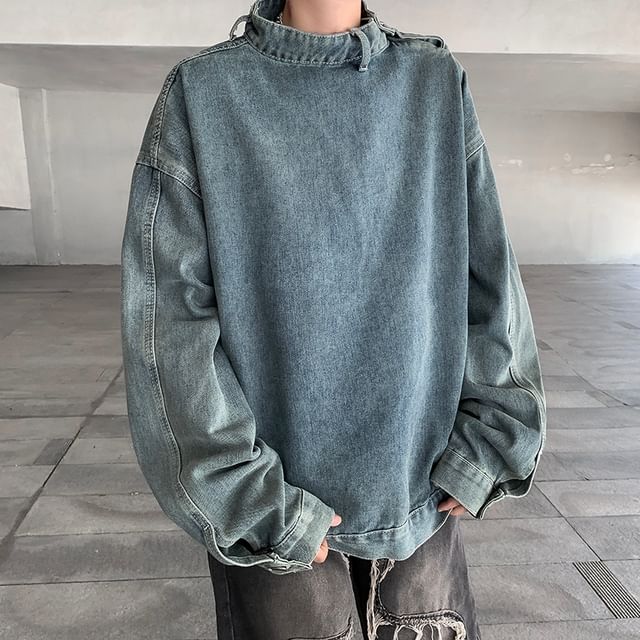 Plummie-Long Sleeve Stand Collar Washed Denim Top