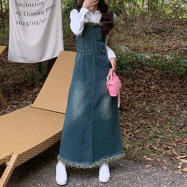 Lewwe Frayed Maxi Denim Jumper Dress YesStyle