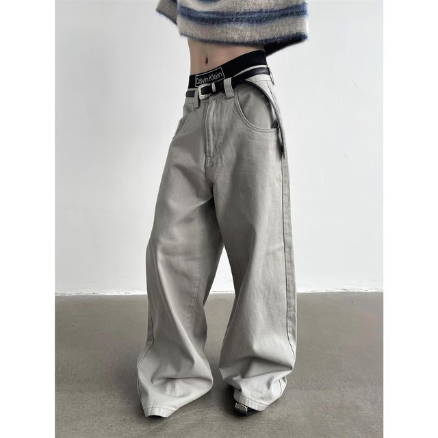 Nahagin-Low Rise Plain Wide Leg Pants