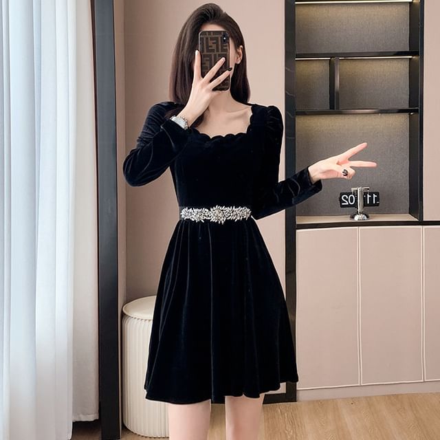 black dress with rhinestone belt Glam Rhinestone Skirt