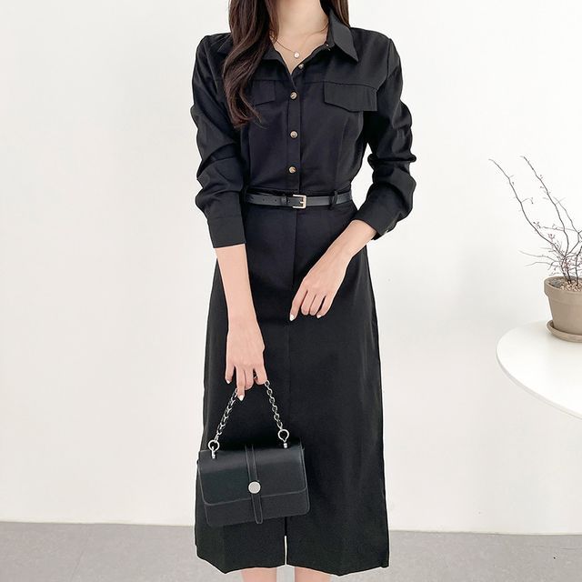 Coris - Set: Long-Sleeve Collared Plain Midi A-Line Shirt Dress + Belt |  YesStyle
