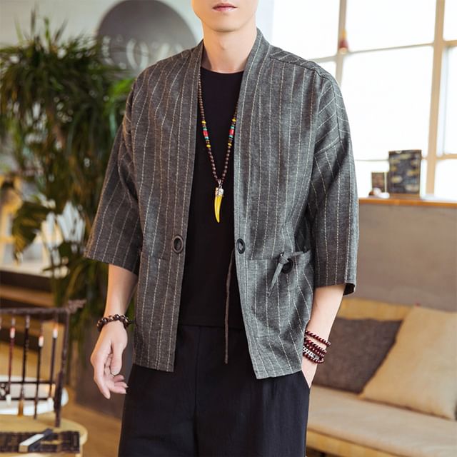 Ninine-34-Sleeve Striped Tie Front Kimono Jacket