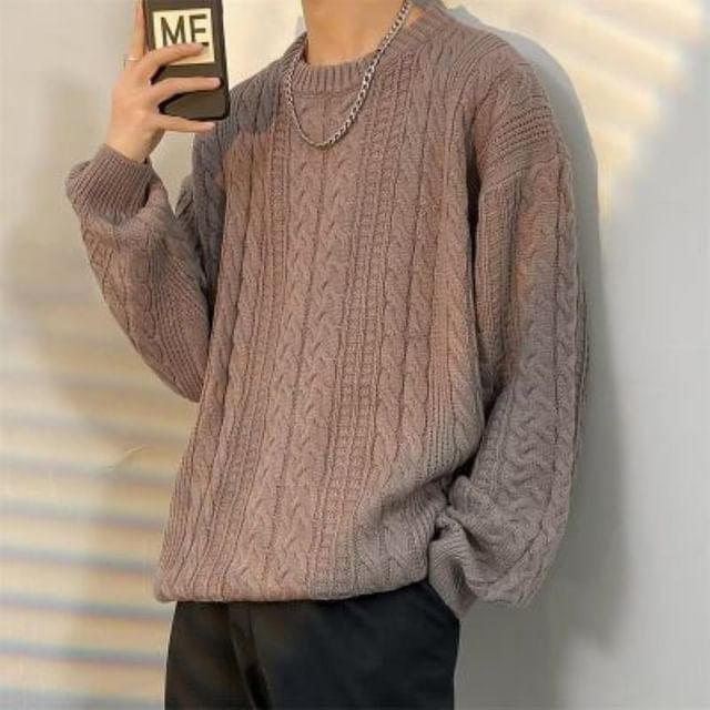 Bay Go Mall-Crew Neck Plain Cable Knit Sweater